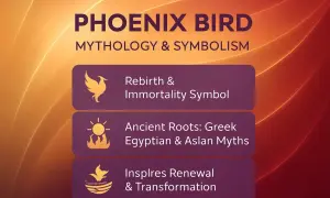 Grafika z napisem "Phoenix Bird Mythology & Symbolism" i ikonami symbolizującymi odrodzenie, starożytne mity i odnowę.