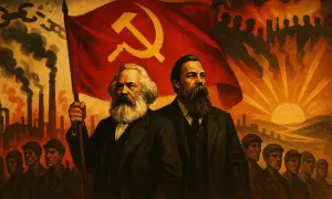 Karol Marks i Fryderyk Engels na tle czerwonej flagi z sierpem i młotem, symbolizującej komunizm. W tle przemysłowe fabryki i wschód słońca nad miastem.