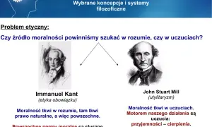 Porównanie Immanuela Kanta i Johna Stuarta Milla. Kant widzi źródło moralności w rozumie, Mill w uczuciach, co jest podstawą utylitaryzmu.