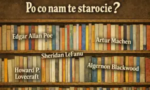 Półki pełne książek z nazwiskami autorów: Edgar Allan Poe, Artur Machen, Sheridan Le Fanu, Howard P. Lovecraft, Algernon Blackwood.
