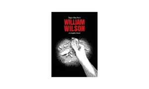 Okładka komiksu "William Wilson" Edgara Allana Poe, z ręką trzymającą fragment lustra z odbiciem oka.