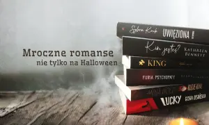 Stos czarnych książek z tytułami jak "Uwięziona" i "Furia Psychopaty" sugeruje mroczne romanse, idealne na jesienne wieczory.