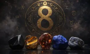 Pięć kryształów przed złotym znakiem nieskończoności i zodiaku. Symbolizuje to numerologiczną 8, moc i równowagę.