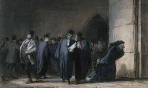 Grupa ludzi w strojach z epoki, w tym prawnicy, dyskutuje. Mimesis w sztuce oddaje rzeczywistość.
