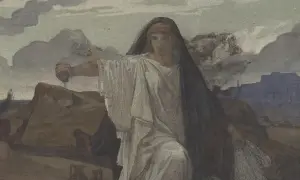 Antygona, symbol tragizmu w antyku, z mieczem w dłoni, w żałobnej szacie.