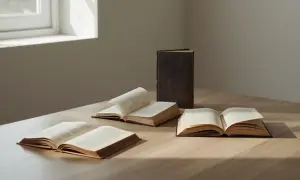 Na drewnianym stole leżą otwarte książki, jedna z nich to bestseller. Światło wpada przez okno, tworząc cienie.