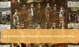 Obraz przedstawia taniec śmierci, danse macabre, gdzie szkielety prowadzą ludzi w tan.