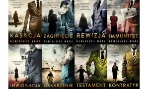 Okładki książek Remigiusza Mroza: "Kasacja", "Zaginięcie", "Rewizja", "Immunitet", "Inwigilacja", "Oskarżenie", "Testament", "Kontratyp". W tle mężczyźni w garniturach i kobiety.