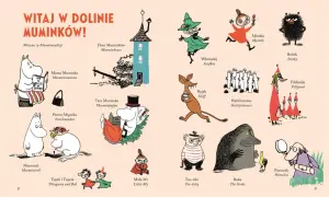 Witaj w Dolinie Muminków! Ilustracja przedstawia znane muminki postacie: Muminka, Mamę Muminka, Tatę Muminka, Włóczykija, Paszczaka i inne.