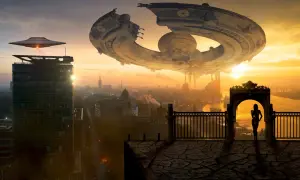 Widok na miasto z latającymi statkami kosmicznymi i sylwetką kobiety na balkonie. To obraz antyutopii, gdzie technologia dominuje nad ludzkością.
