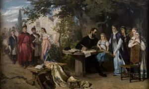 Poeta doctus pisze w otoczeniu dworu i muzyki. Grupa ludzi w strojach z epoki przygląda się scenie.