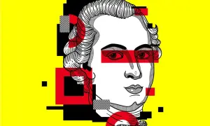 Portret z geometrycznymi elementami, jakby z wizji sądu ostatecznego. Czerwone pasy na oczach i czarno-biała szachownica dodają dramatyzmu.