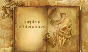 Otwarta księga z napisem "turpizm w literaturze". Po lewej szkic szkieletu w cylindrze, po prawej drugi szkielet w garniturze i cylindrze.