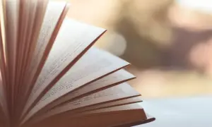 Otwarta książka, strony falują, ukazując tekst. To jak synkretyzm w literaturze, gdzie różne wątki splatają się w jedną opowieść.