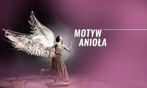 Kobieta z anielskimi skrzydłami biegnie po otwartych księgach. Napis "Motyw Anioła".