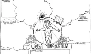 Konrad w "Dziadach cz. 3" jako bohater romantyczny, w centrum Wielkiej Improwizacji, pod okiem Boga, z książką i tłumem.
