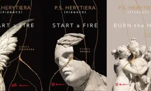 Okładki książek P.S. Herytiera z serii "trylogia hell". Widoczne pęknięte rzeźby i złote linie.