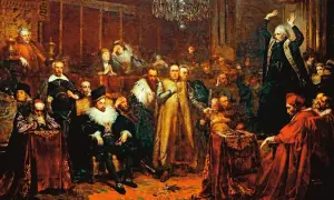 Obraz przedstawia scenę z kazania sejmowego. W centrum kaznodzieja wygłasza płomienną mowę do zgromadzonych dostojników.