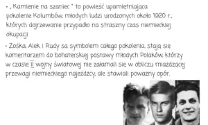 Trzech młodych mężczyzn, Alek, Zośka i Rudy, bohaterowie "Kamieni na szaniec", symbol pokolenia Kolumbów.