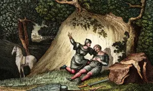 Rycerz pociesza rannego towarzysza. Scena nawiązuje do "Pieśni o Rolandzie", streszczenie epopei.