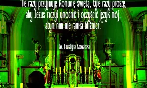 Piękne cytaty na komunię od św. Faustyny Kowalskiej. Wnętrze kościoła z ołtarzem i figurami świętych.