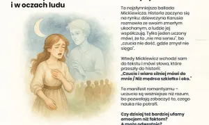 Ilustracja do ballady Mickiewicza "Romantyczność". Dziewczyna wpatrzona w księżyc, obok niej duch ukochanego.