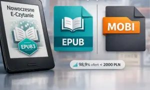E-czytnik z napisem "Nowoczesne E-Czytanie" i logo EPUB3, obok ikony formatu EPUB i MOBI. Który wybierasz?