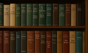 Na półkach regału stoją książki, tworząc kanon literatury światowej. Widać tytuły takie jak "Zabić drozda", "Rok 1984", "Sto lat samotności" i "Don Kichot".