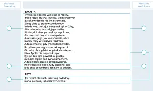 Fragment tekstu z wierszem o bohaterze bajronicznym, który nie boi się przeznaczenia, mimo przepowiedni o śmierci z rąk syna.