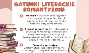 Gatunki literackie romantyzmu: ballada, dramat romantyczny, poemat dygresyjny. Obok stosy książek, jakby do nauki.