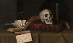 Czaszka na książkach, świeca i listek z cytatem z Szekspira przypominają o przemijaniu. Memento mori.