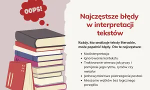 Stos książek, z których jedna ma chmurkę z napisem "OOPS!". Ilustracja przedstawia typowe błędy w interpretacji tekstów, co jest ważnym atrybutem analizy literackiej.