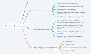 Mapa myśli o czytaniu ze zrozumieniem: definicja, kluczowe elementy procesu, poziomy rozumienia tekstu i strategie wspierające.