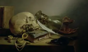 Czaszka, pióro, księga i zegarek – klasyczne symbole vanitas, przypominające o przemijaniu.