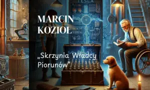 Marcin Kozioł i jego "Skrzynia Władcy Piorunów" w pracowni pełnej tajemnic. Stary wynalazca z psem przyglądają się niezwykłemu artefaktowi.