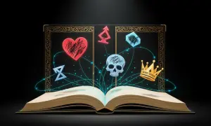 Otwarta księga emanuje magią, z symbolami serca, czaszki, korony i runami tworzącymi magiczny totem.