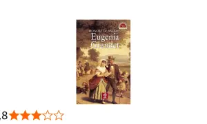 Okładka książki "Eugenia Grandet" Honore de Balzaca. Para w strojach z epoki spaceruje po wsi z dziećmi i psem.
