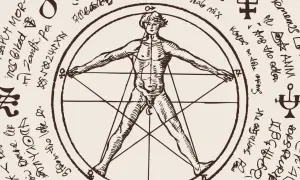 Człowiek witruwiański wpisany w okrąg i gwiazdę pięcioramienną (pentagram), otoczony tajemniczymi symbolami i pismem.