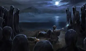 Nocna scena nad jeziorem, gdzie Harry Potter walczy z hordą dementorów.