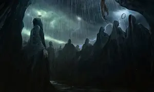Mroczne postacie w kapturach, przypominające Dementorów z Azkabanu, stoją w deszczu pod burzowym niebem.