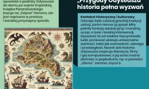 Ilustrowana mapa przedstawia podróż Odyseusza, pełną mitycznych stworzeń i wysp, odzwierciedlając odyseja streszczenie.