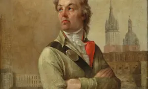 Obraz Tadeusza Kościuszki, z rękami skrzyżowanymi na piersi, w tle widoczne budowle miejskie.