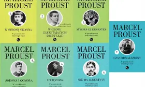 Kolekcja książek francuskiego pisarza Marcela Prousta, z jego portretami na okładkach.
