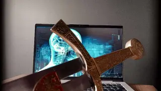 Miecz krzyżuje się na laptopie z obrazem mózgu. Symbolizuje to starcie średniowiecznego etosu rycerskiego z nowoczesną technologią.