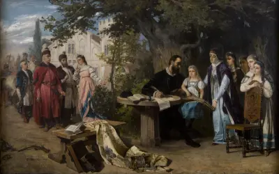 Poeta doctus pisze w otoczeniu dworu i muzyki. Grupa ludzi w strojach z epoki przygląda się scenie.