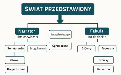 Schemat świata przedstawionego w epice: narrator (bohaterowie, wszechwiedzący, ograniczony) i fabuła (główna, poboczna).