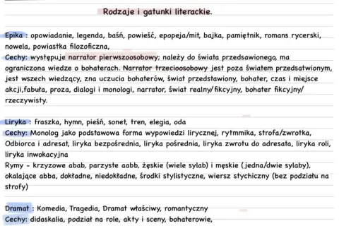 Podział na gatunki literackie: epika, liryka, dramat. Opis cech i przykładów dla każdego z nich.