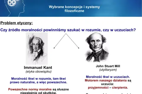 Porównanie Immanuela Kanta i Johna Stuarta Milla. Kant widzi źródło moralności w rozumie, Mill w uczuciach, co jest podstawą utylitaryzmu.