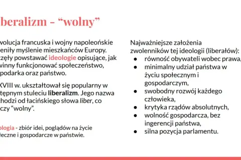 Liberalizm, czyli wolność, to ideologia z XVIII w. promująca równość, swobodny rozwój człowieka i wolność gospodarczą.