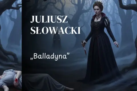 Balladyna, królowa z koroną i sztyletem, stoi nad martwą siostrą. Krótki opis tej tragedii.